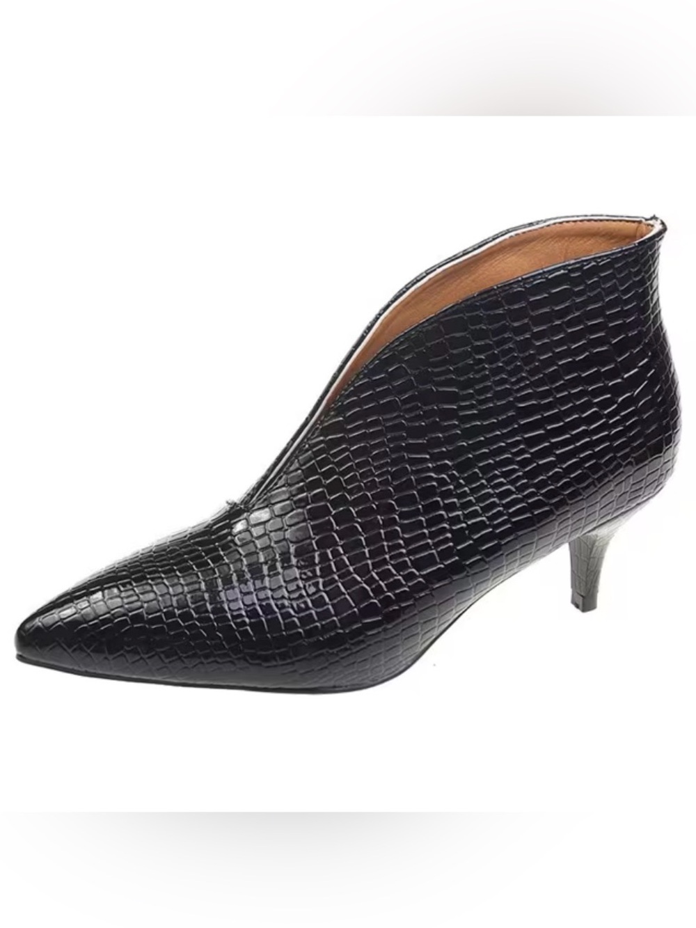 Women’s Black Croc-Embossed Pointed Ankle Bootie
